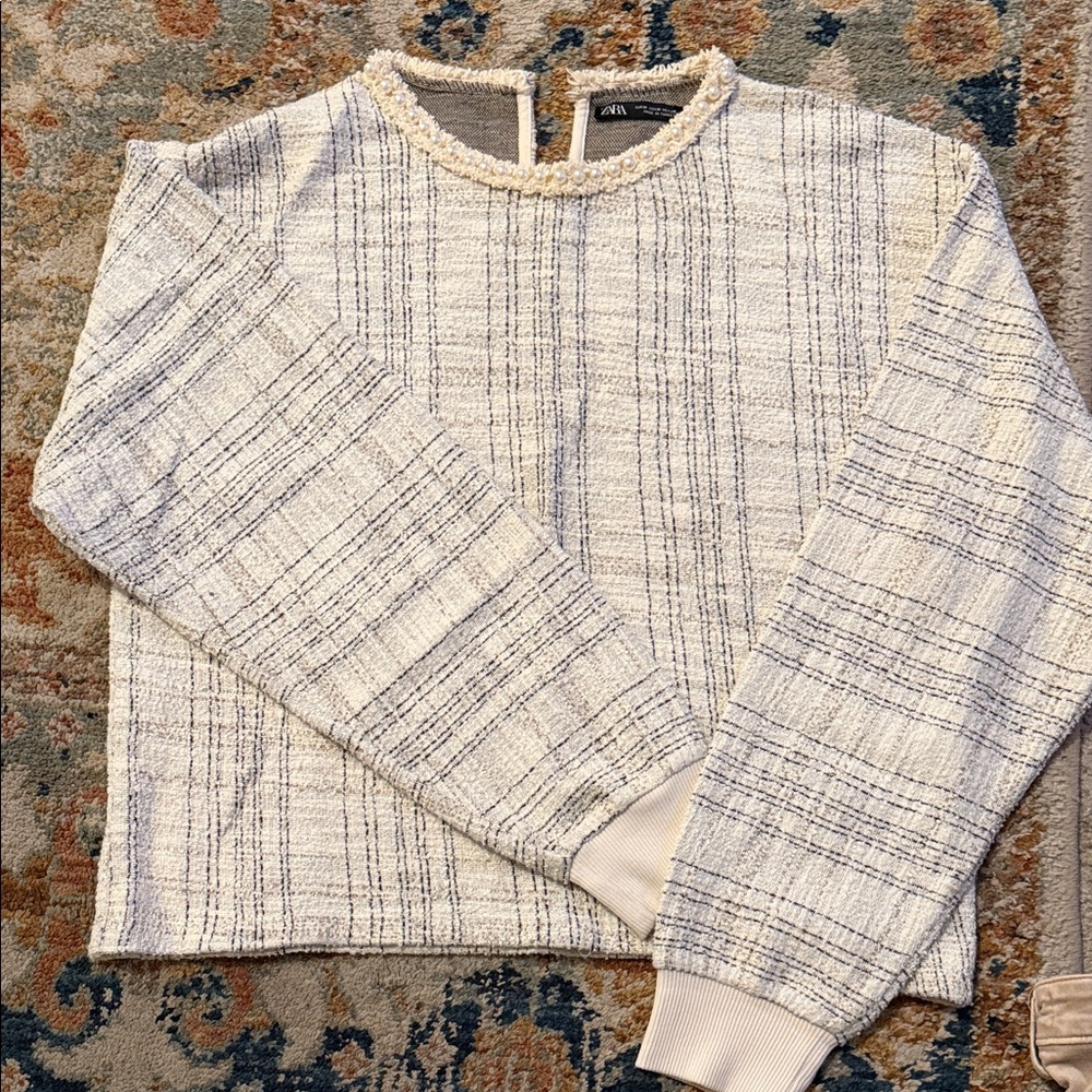 Zara Cream Tweed Crewneck Sweater with Navy Accents